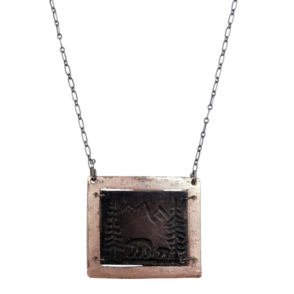 Anju Wilderness Bears Antiqued Pewter Shiny Pewter Border Pendant Necklace - NEW